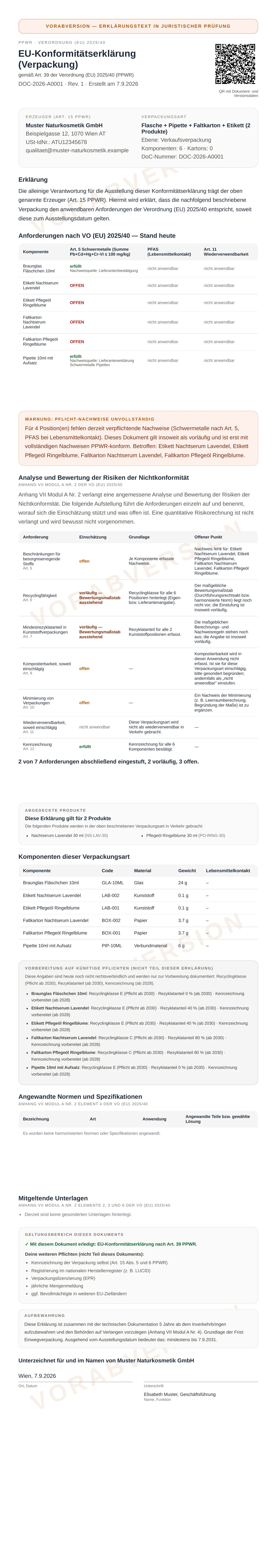 Musterdokument mit offenen Nachweisen: Konformitätserklärung, in der vier Positionen als offen gekennzeichnet sind