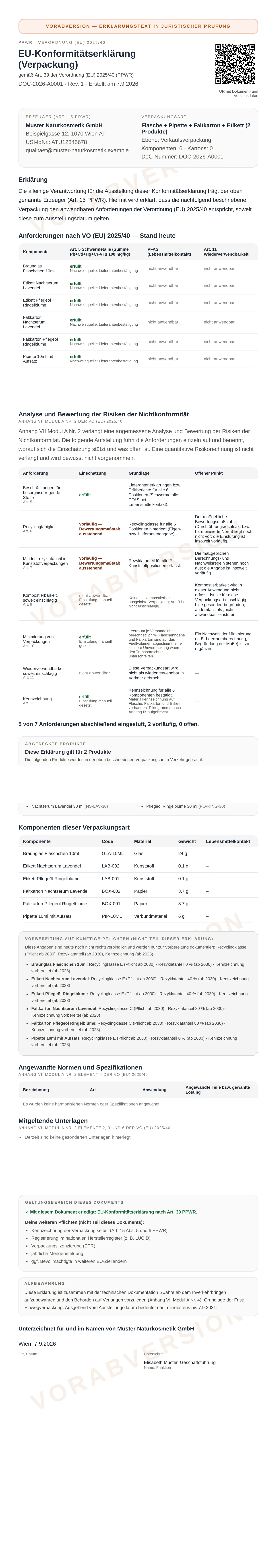 Vollständiges Musterdokument: Konformitätserklärung mit erfüllten Nachweisen und zwei vorläufigen Anforderungen